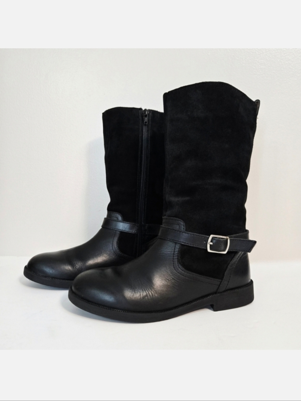 Zara Kids Black Genuine Suede & Leather Tall Boots, Size 34 ~ VGUC